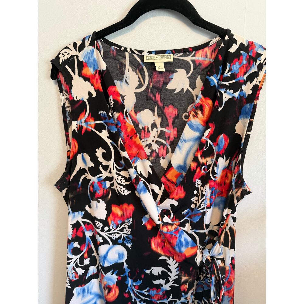 Dana Buchman Floral Printed Faux Wrap Dress size Large Black Pink White and Blue - Picture 7 of 9